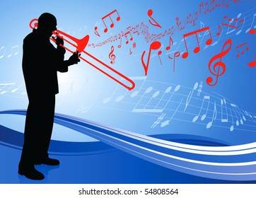 Trumpet Musician on Musical Note Background Original Illustration