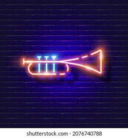 Trumpet neon icon. Music glowing sign. Musical instrument concept. Vector illustration for Sound recording studio design, advertising, signboards, vocal studio.