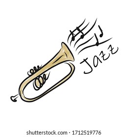 Trumpet with notes. International jazz day. Hand drawn vector illustration.