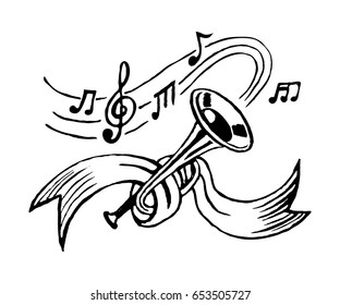 trumpet and notes tied with ribbon. sketch vector.