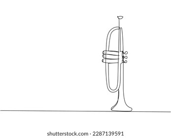 Trumpet one line art. Continuous line drawing of musical, classical, trumpet, classic, audio, melody, acoustic, music, instrument, jazz, horn, orchestra.