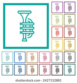 Trumpet outline flat color icons with quadrant frames on white background