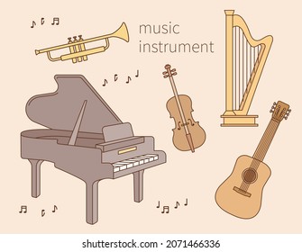 Trumpet, piano, harp, guitar and violin instruments collection. An illustration with a soft brown outline. flat design style.