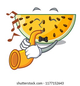 With trumpet a piece of a yellow watermelon cartoon