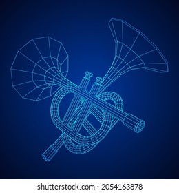 Trumpet pipe fife musiacal instrument. Wireframe low poly mesh vector illustration.