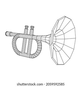 Trumpet pipe fife musiacal instrument. Wireframe low poly mesh vector illustration.