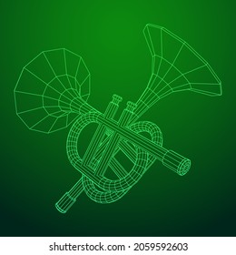 Trumpet pipe fife musiacal instrument. Wireframe low poly mesh vector illustration.