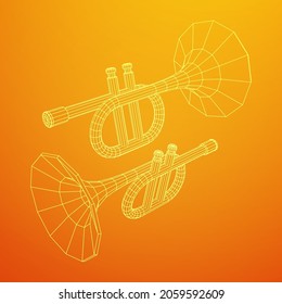 Trumpet pipe fife musiacal instrument. Wireframe low poly mesh vector illustration.