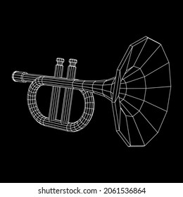 Trumpet pipe fife musiacal instrument. Wireframe low poly mesh vector illustration.