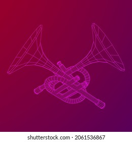 Trumpet pipe fife musiacal instrument. Wireframe low poly mesh vector illustration.