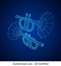 Trumpet pipe fife musiacal instrument. Wireframe low poly mesh vector illustration.