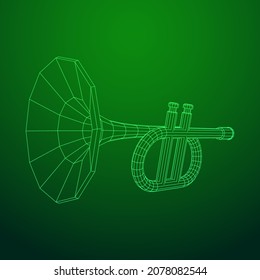 Trumpet pipe fife musiacal instrument. Wireframe low poly mesh vector illustration.