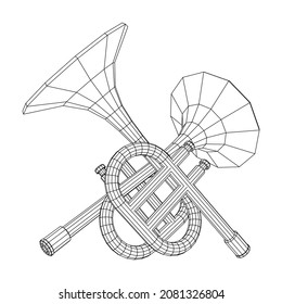 Trumpet pipe fife musiacal instrument. Wireframe low poly mesh vector illustration.