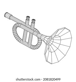 Trumpet pipe fife musiacal instrument. Wireframe low poly mesh vector illustration.