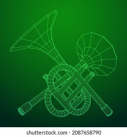 Trumpet pipe fife musiacal instrument. Wireframe low poly mesh vector illustration.