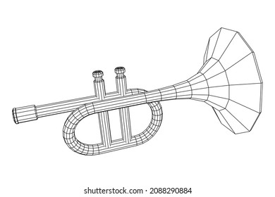 Trumpet pipe fife musiacal instrument. Wireframe low poly mesh vector illustration.
