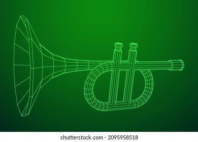 Trumpet pipe fife musiacal instrument. Wireframe low poly mesh vector illustration.