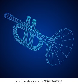 Trumpet pipe fife musiacal instrument. Wireframe low poly mesh vector illustration.