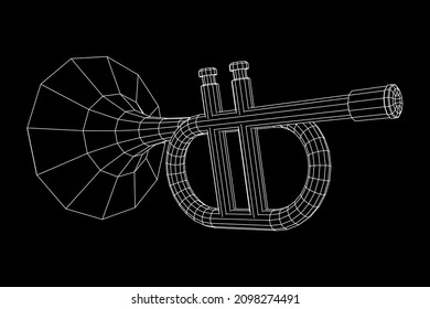 Trumpet pipe fife musiacal instrument. Wireframe low poly mesh vector illustration.
