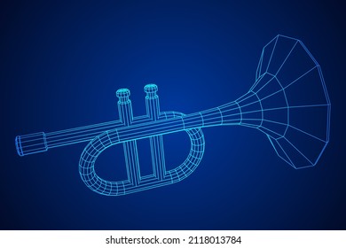 Trumpet pipe fife musiacal instrument. Wireframe low poly mesh vector illustration.