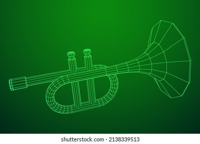 Trumpet pipe fife musiacal instrument. Wireframe low poly mesh vector illustration.