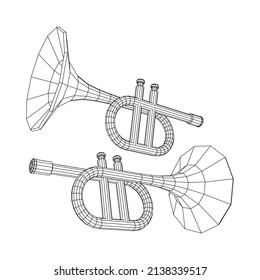 Trumpet pipe fife musiacal instrument. Wireframe low poly mesh vector illustration.