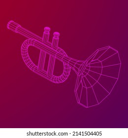 Trumpet pipe fife musiacal instrument. Wireframe low poly mesh vector illustration.