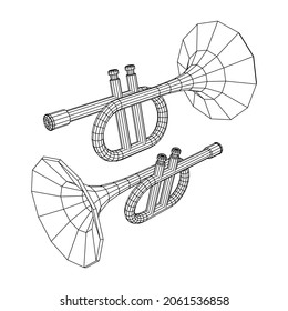 Trumpet pipe fife musical instrument. Wireframe low poly mesh vector illustration.