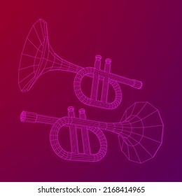 Trumpet pipe fife musical instrument. Wireframe low poly mesh vector illustration.