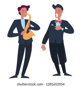 Trumpet player accompanying man singer with opera voice vector. Sound performance performer playing on wind musical instrument and male vocalist giving music concert together singing loud song