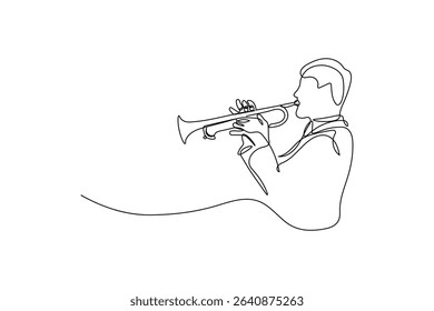 Trumpet player in continuous line art style. Sketch of trumpet player in minimalist black line isolated on white background. Vector illustration