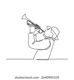 Trumpet player in continuous line art style. Sketch of trumpet player in minimalist black line isolated on white background. Vector illustration