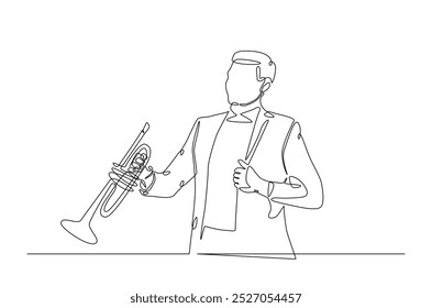 Trompetista en dibujo continuo de una línea. Ilustración de arte de una sola línea del hombre que sostiene el instrumento de música de trompeta. Vector editable.