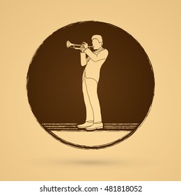 Trumpet player designed on grunge circle background graphic vector.