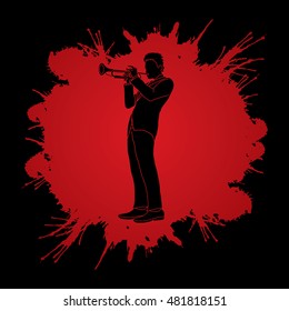 Trumpet player designed on splatter color background graphic vector.