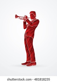 Trumpet player designed using red grunge brush graphic vector.