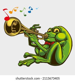 Trumpet player frog with a red bow tie. Green toad playing music with his trumpet. Colorful musical notes coming out of a trumpet played by a frog.