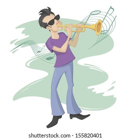 A trumpet player in front of music notes
