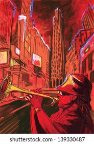 Trumpet player  - A hand drawn illustration of an musician playing trumpet on the night street - Hand drawing converted into vector (5 layers).