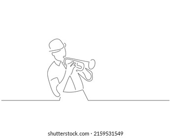 Trumpet player in line art drawing style. Composition of a musician playing. Black linear sketch isolated on white background. Vector illustration design.