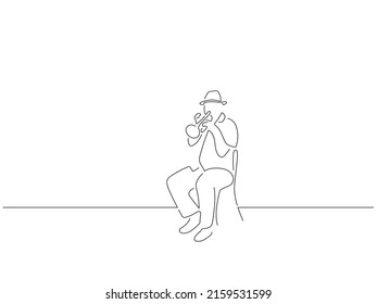 Trumpet player in line art drawing style. Composition of a musician playing. Black linear sketch isolated on white background. Vector illustration design.