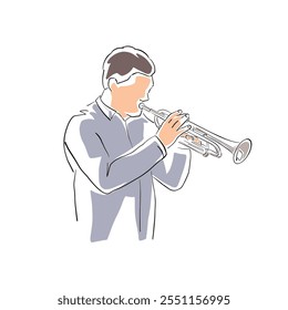 Trompetista, músico, Ilustración vectorial aislada, dibujo de línea de arte. Club de Jazz, festival de música