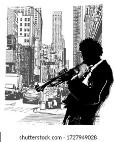 Trumpet player in New York  - vector illustration (Ideal for printing on fabric or paper, poster or wallpaper, house decoration) 