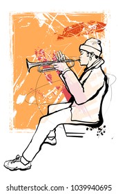 Trumpet player on grunge background - vector illustration