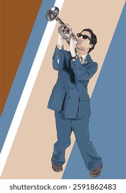 Trumpet player performing jazz music against a vibrant backdrop. Hand drawn Illustration