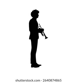 Trumpet player silhouette. Jazz musical instrument trumpeter silhouette isolated on white background. Vector Illustration	