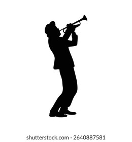Trumpet player silhouette. Jazz musical instrument trumpeter silhouette isolated on white background. Vector Illustration	