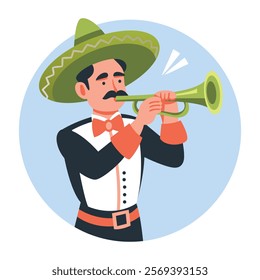 Trumpet player wearing sombrero hat illustration in flat style 