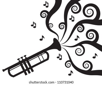 Trumpet playing with music flowing in Silhouette