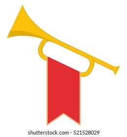 Trumpet With Red Flag Icon. Brass Bugle Cartoon Illustration. Horn Flat Design. Vector 